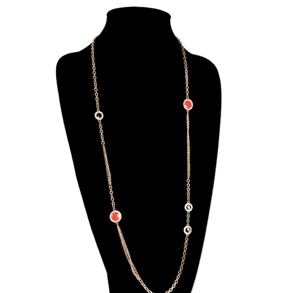 J Crew Gold Station Necklace Red and Black Crystal NWT - Picture 5 of 8